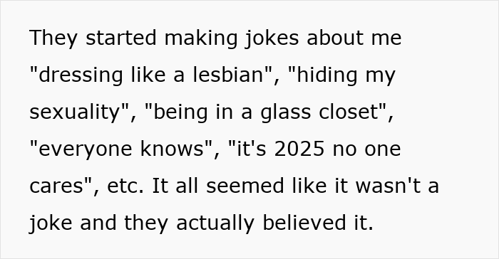 Text discussing friends assuming woman is lesbian based on appearance. Text discussing friends assuming woman is lesbian based on appearance.