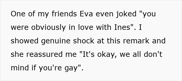 Text about friend's assumption of woman's sexuality based on appearance, involving a joke and reassurance. Text about friend's assumption of woman's sexuality based on appearance, involving a joke and reassurance.