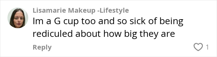 Woman discussing challenges of having G-cup size in social media comment. Woman discussing challenges of having G-cup size in social media comment.