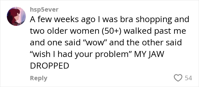 User comment on bra shopping experience, highlighting reactions from two older women. User comment on bra shopping experience, highlighting reactions from two older women.