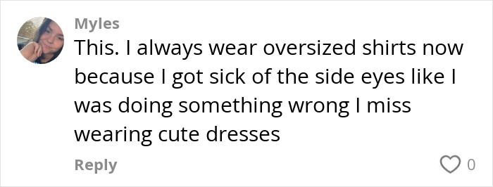 Comment from Myles expressing frustration about wearing oversized shirts due to side eyes, missing cute dresses, related to G-cup topic. Comment from Myles expressing frustration about wearing oversized shirts due to side eyes, missing cute dresses, related to G-cup topic.