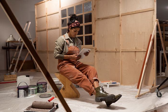 Woman in construction attire sitting on a stool, holding a tablet, with remodeling tools around her. Woman in construction attire sitting on a stool, holding a tablet, with remodeling tools around her.