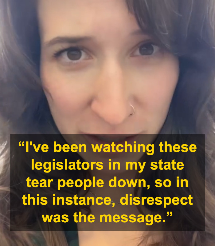 Britt Boril close-up with text about disrespecting state legislators. Britt Boril close-up with text about disrespecting state legislators.