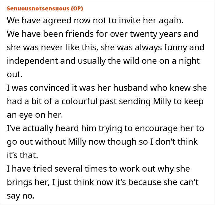 Text from a forum post discussing the exclusion of a woman from a friend group after a spa day incident. Text from a forum post discussing the exclusion of a woman from a friend group after a spa day incident.