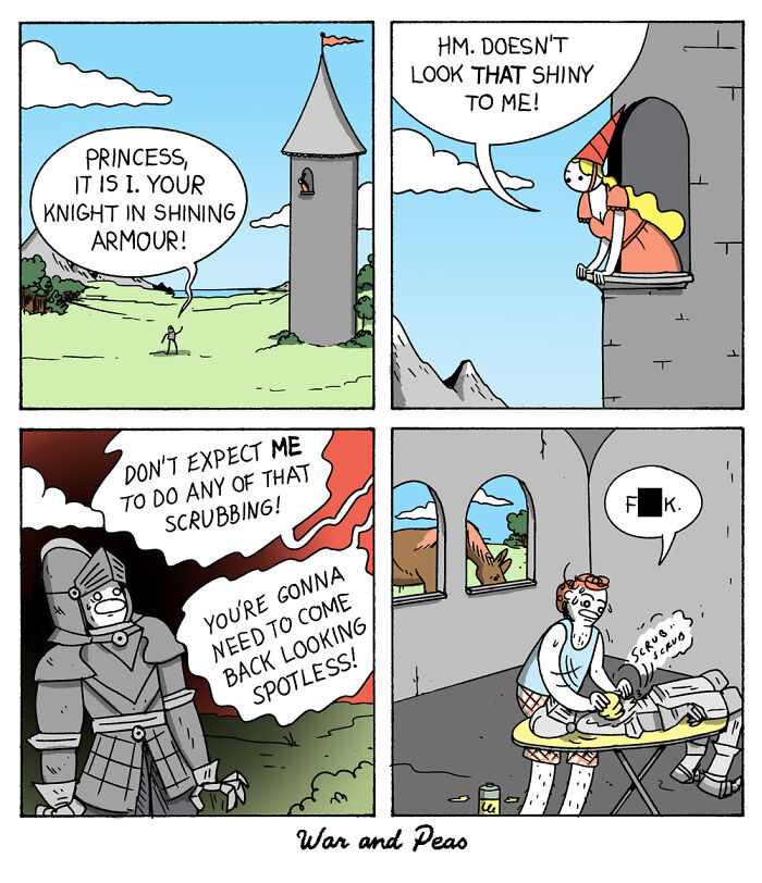 Comic strip featuring a humorous plot twist with a knight in armor and a princess by War and Peas.