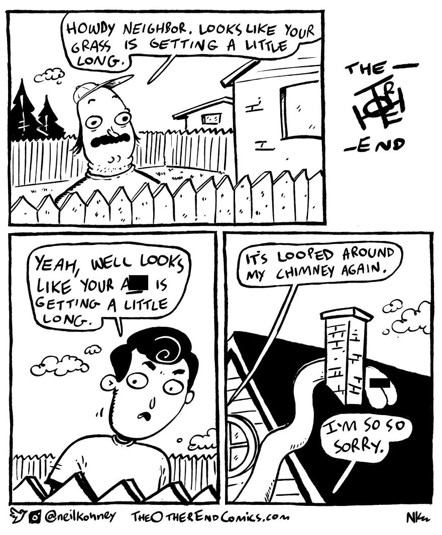 Comic by Neil Kohney illustrating dark humor with a neighbor's grass being compared to a long chimney.