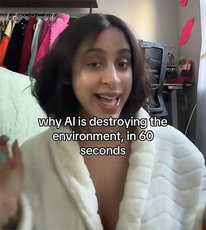 Young woman explaining why AI harms the environment, with text overlay on screen. Young woman explaining why AI harms the environment, with text overlay on screen.