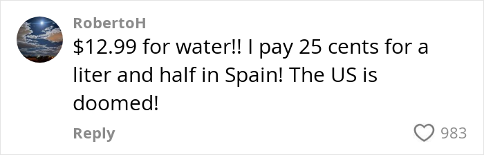 Comment comparing high grocery prices in America to cheaper costs in Spain, expressing outrage. Comment comparing high grocery prices in America to cheaper costs in Spain, expressing outrage.