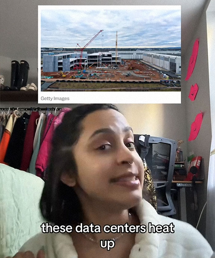 Woman discusses AI's environmental effects, data center image above. Woman discusses AI's environmental effects, data center image above.