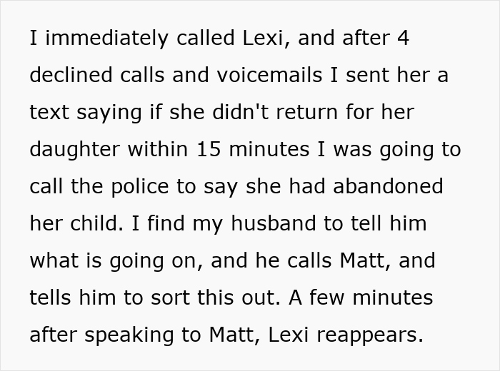 Text of a woman threatening to call the police after a friend's GF left her child at her house without permission. Text of a woman threatening to call the police after a friend's GF left her child at her house without permission.