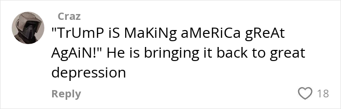 Comment criticizing grocery prices in the US with sarcastic reference to Trump's slogan. Comment criticizing grocery prices in the US with sarcastic reference to Trump's slogan.