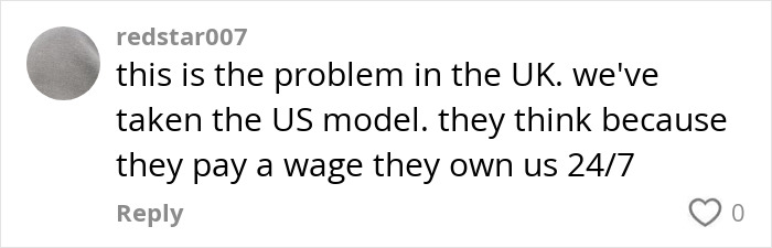 Comment discussing UK work culture issues, highlighting employer attitudes towards employee availability. Comment discussing UK work culture issues, highlighting employer attitudes towards employee availability.
