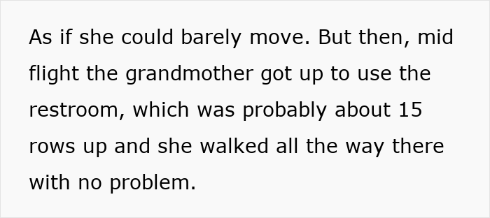 Text describing a grandmother moving easily mid-flight to the restroom, suggesting a debate about her alleged handicap. Text describing a grandmother moving easily mid-flight to the restroom, suggesting a debate about her alleged handicap.