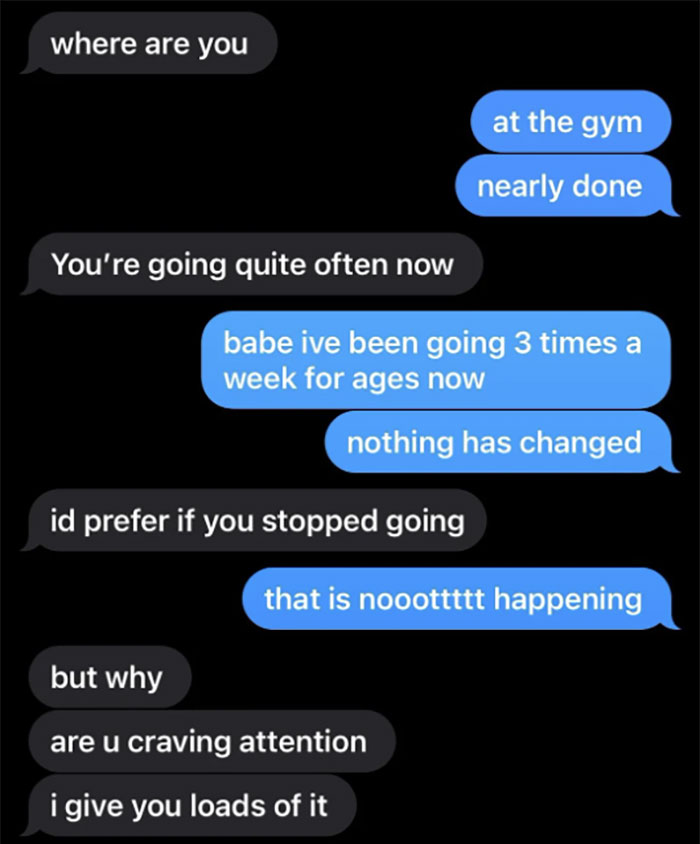 Text exchange about gym visits; boyfriend expresses concern, woman insists on continuing her routine. Text exchange about gym visits; boyfriend expresses concern, woman insists on continuing her routine.