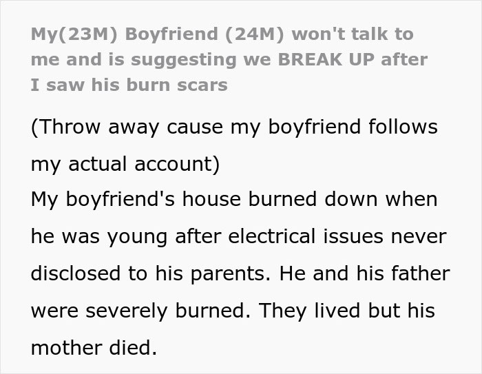 Text discussing relationship issues after seeing boyfriend's burn scars and suggestion to break up. Text discussing relationship issues after seeing boyfriend's burn scars and suggestion to break up.