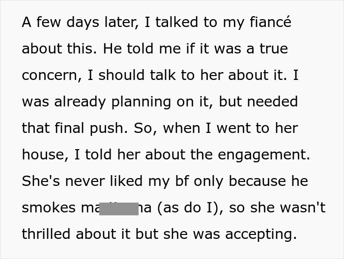 Text on wedding discussion, bride talks to fiancé about concern regarding grandmother wearing white. Text on wedding discussion, bride talks to fiancé about concern regarding grandmother wearing white.