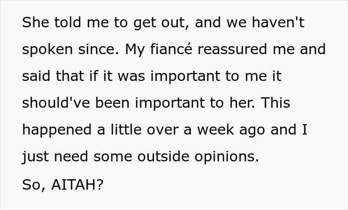 Text screenshot about a bride's disagreement with her grandmother over wearing white to a wedding. Text screenshot about a bride's disagreement with her grandmother over wearing white to a wedding.