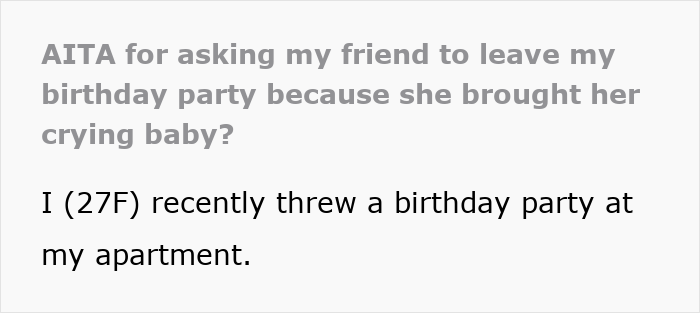 Text about friend at birthday party with a crying baby. Text about friend at birthday party with a crying baby.