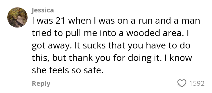 Comment appreciating mom's 5k run support for daughter's safety and highlighting important discussion with 1592 likes. Comment appreciating mom's 5k run support for daughter's safety and highlighting important discussion with 1592 likes.