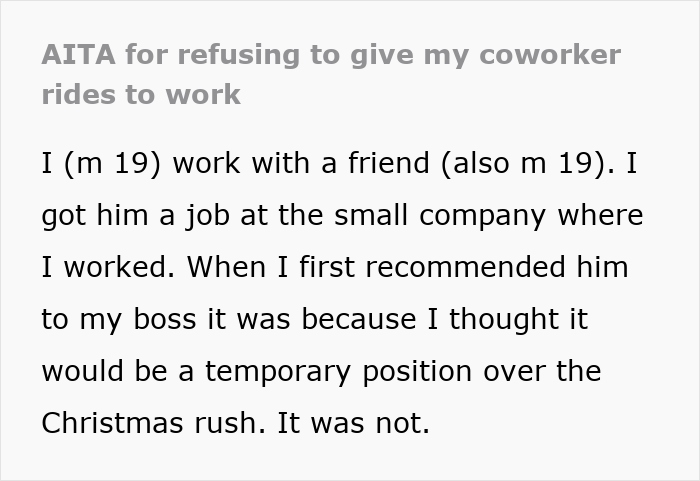Text image discussing coworker rides to work dilemma, focusing on boundaries after repeated lateness. Text image discussing coworker rides to work dilemma, focusing on boundaries after repeated lateness.