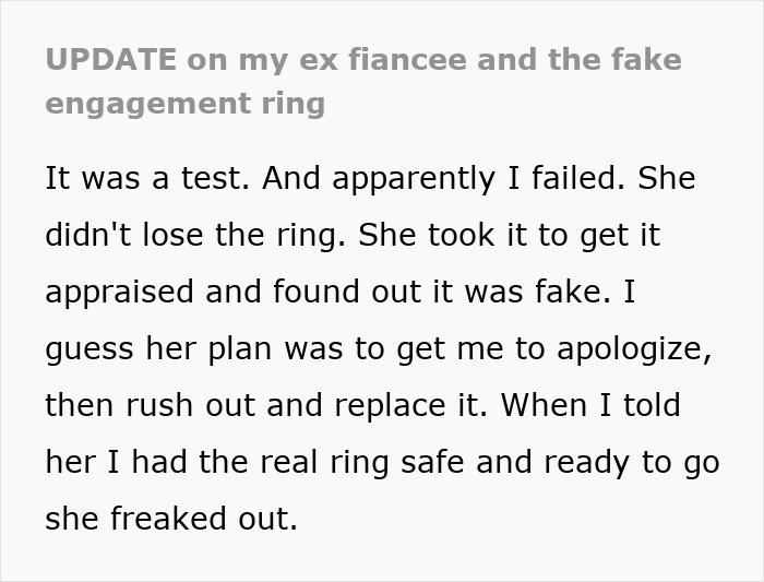 Text message about a fake engagement ring causing a breakup. Text message about a fake engagement ring causing a breakup.