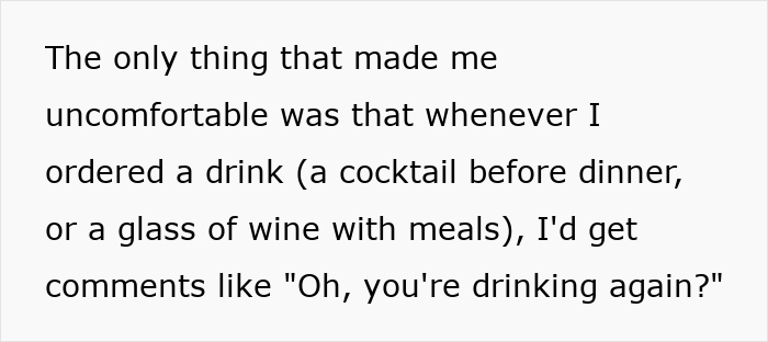 Text discussing a child-free woman's vacation, mentioning uncomfortable comments about her drinking. Text discussing a child-free woman's vacation, mentioning uncomfortable comments about her drinking.