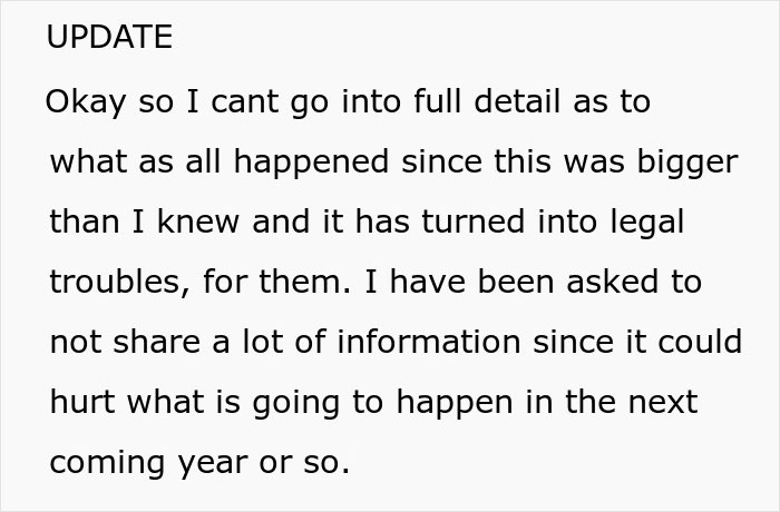 Text about babysitting dispute and legal troubles shared as an update. Text about babysitting dispute and legal troubles shared as an update.