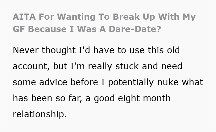 Text about guy's relationship concerns after learning his girlfriend first dated him as part of a bet. Text about guy's relationship concerns after learning his girlfriend first dated him as part of a bet.