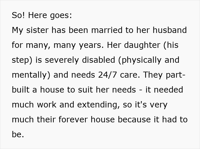 Text discussing sister's family, husband's role, and adapting their home for daughter's care needs. Text discussing sister's family, husband's role, and adapting their home for daughter's care needs.