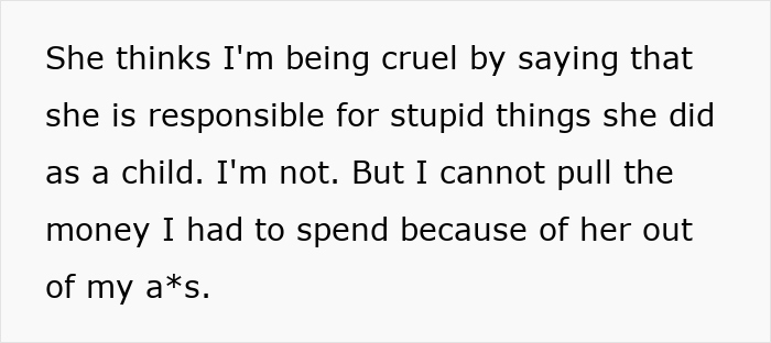 Text revealing teen's discovery about university funds spent due to her past bad behavior. Text revealing teen's discovery about university funds spent due to her past bad behavior.