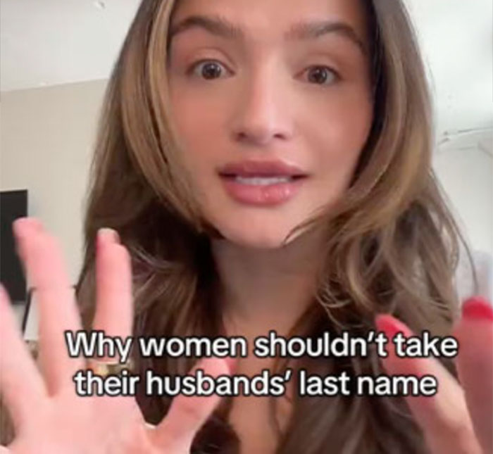 Woman discussing reasons not to take husband's last name, with subtitles explaining her viewpoint. Woman discussing reasons not to take husband's last name, with subtitles explaining her viewpoint.