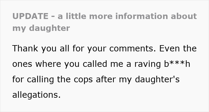 Text discussing a daughter's allegations and resulting police involvement regarding university funds and past behavior. Text discussing a daughter's allegations and resulting police involvement regarding university funds and past behavior.
