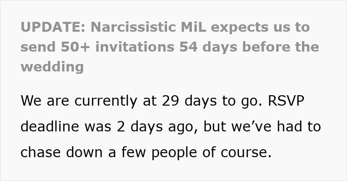 Text about MiL expectations for wedding invitations, mentioning a tight RSVP timeline. Text about MiL expectations for wedding invitations, mentioning a tight RSVP timeline.