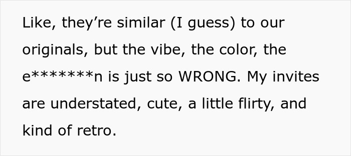 Text expressing that wedding invitations differ in vibe and execution from the desired understated, cute, flirty, retro style. Text expressing that wedding invitations differ in vibe and execution from the desired understated, cute, flirty, retro style.