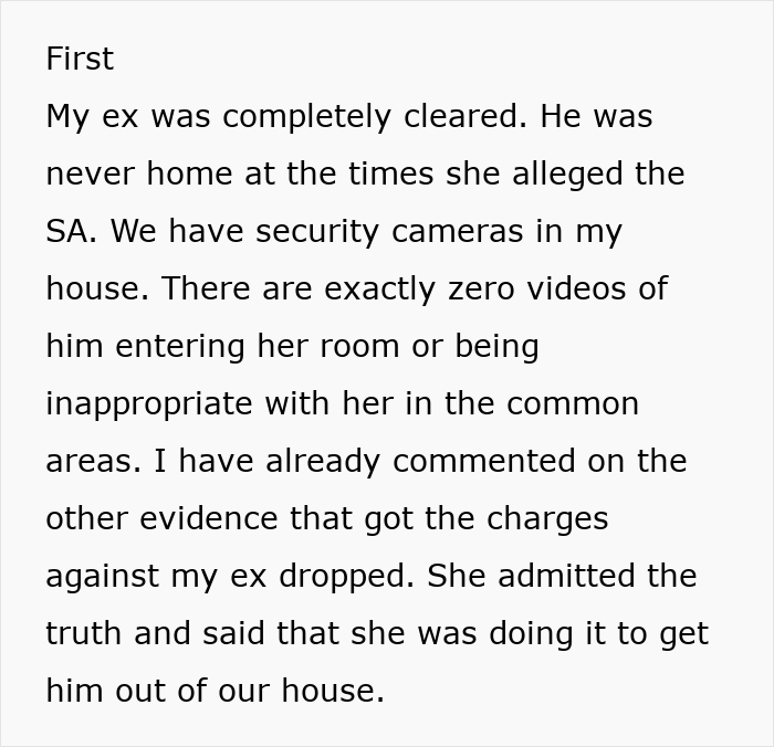 Text detailing a cleared ex-partner's allegations, mentioning security cameras and dropped charges. Text detailing a cleared ex-partner's allegations, mentioning security cameras and dropped charges.