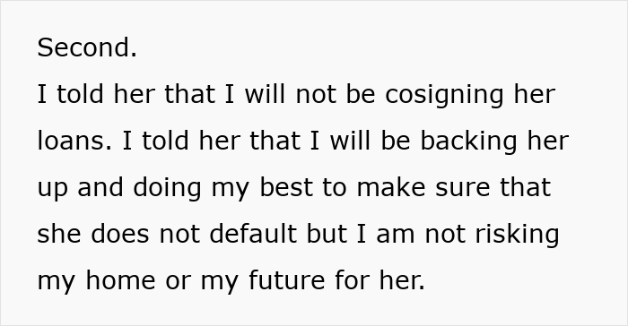 Text discussing refusal to cosign university loans due to past bad behavior. Text discussing refusal to cosign university loans due to past bad behavior.