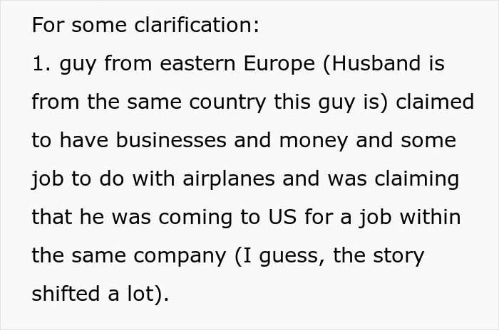 Text discussing a husband from Eastern Europe with business ties, airplanes, and a job opportunity in the US. Text discussing a husband from Eastern Europe with business ties, airplanes, and a job opportunity in the US.