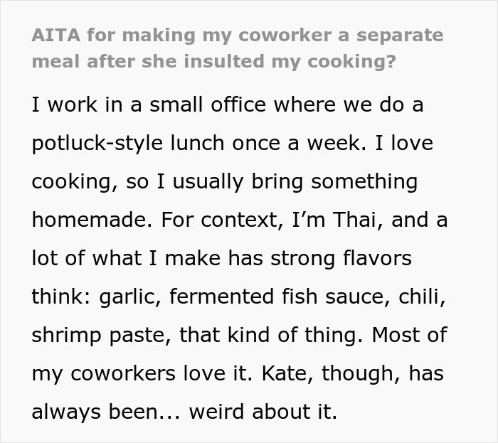 Text story about coworker's reactions to Thai cooking at office potluck. Text story about coworker's reactions to Thai cooking at office potluck.