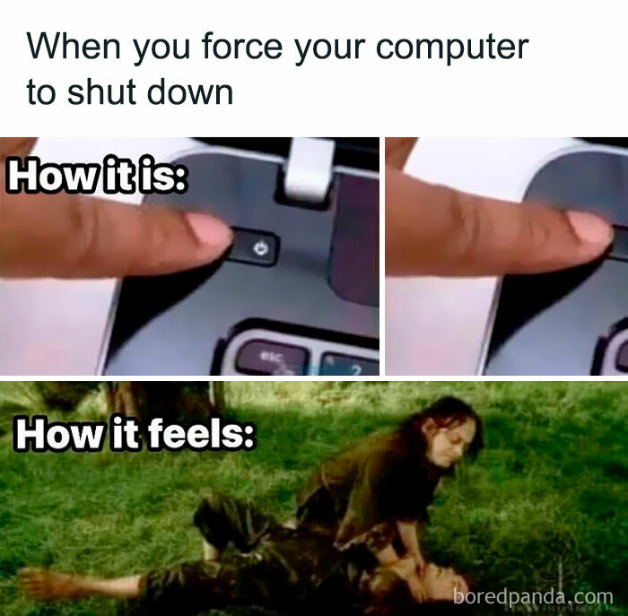 Meme for programmers showing shutdown button and dramatic scene analogy.