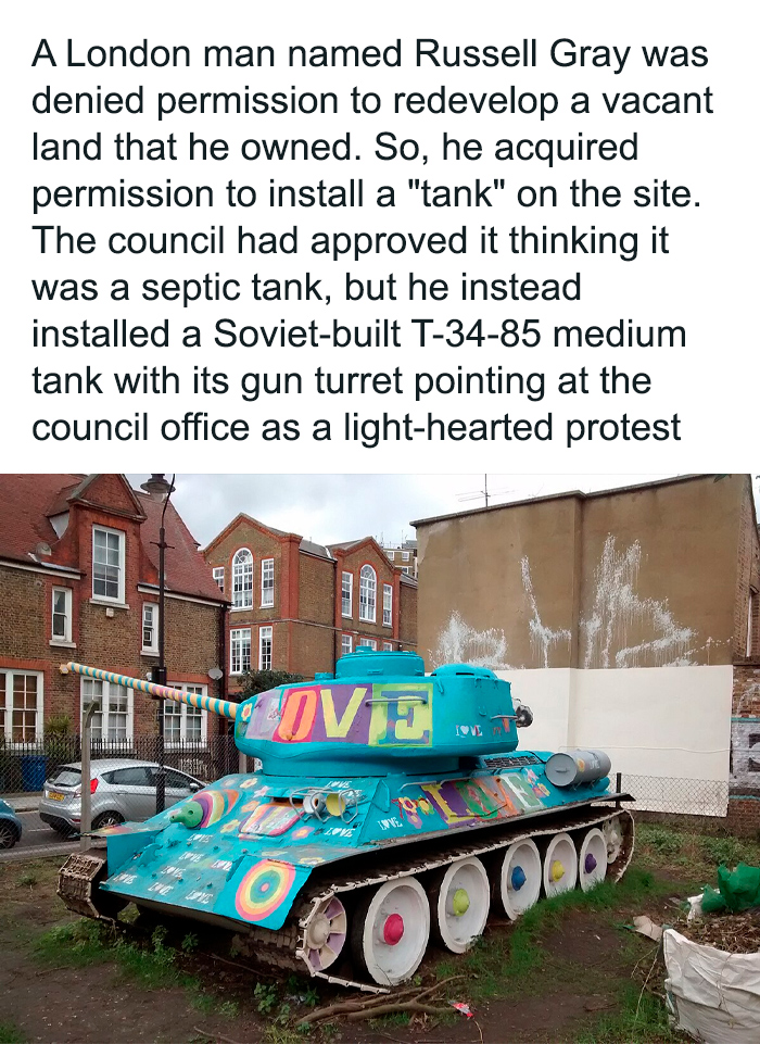 Colorful tank installation as light-hearted protest, showcasing fascinating facts and creativity.