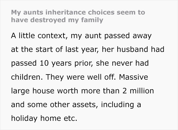 Text discussing an aunt's inheritance causing family conflict, highlighting a massive fortune left to a niece. Text discussing an aunt's inheritance causing family conflict, highlighting a massive fortune left to a niece.