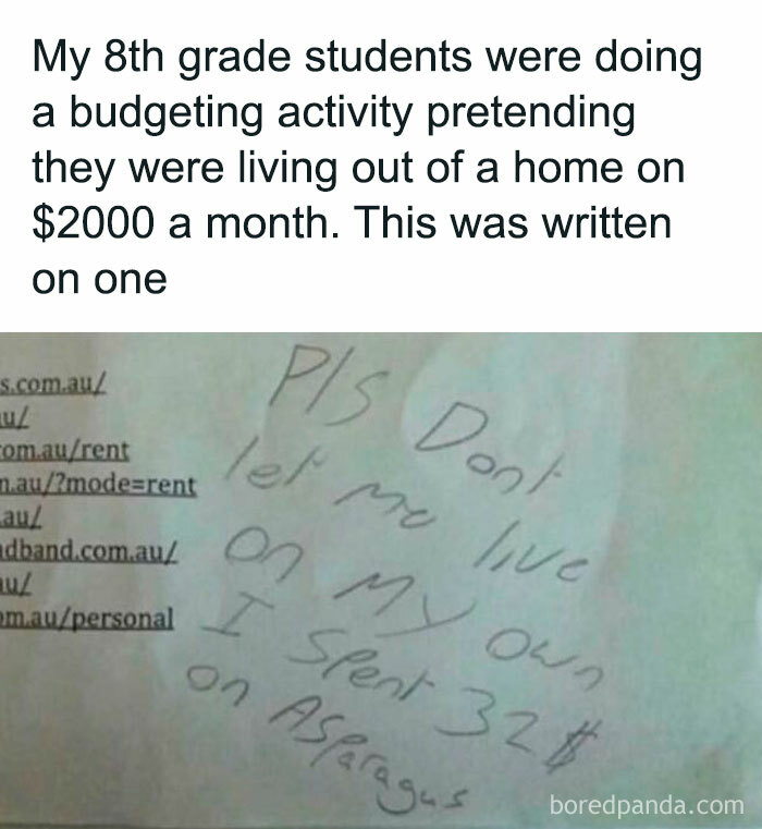 8th grade meme showing a budgeting activity where a student spent $32 on asparagus, humorously depicting budgeting struggles.