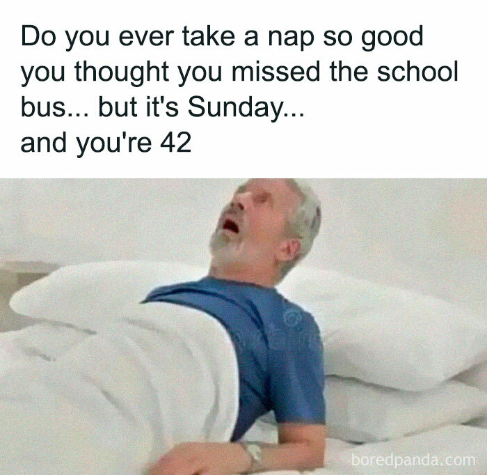 Man waking up from nap, looking surprised, with humorous meme text.