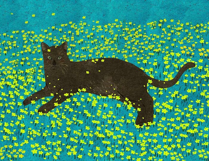Illustration of a cat lying in a field of yellow flowers, highlighting serene solitude by Vietnamese artist.