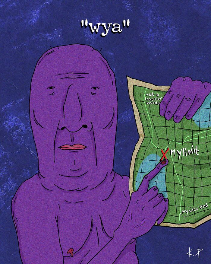 Purple figure pointing to a map labeled "My limit," with the text "wya" above. Humorous and relatable illustration by Kissing Party.