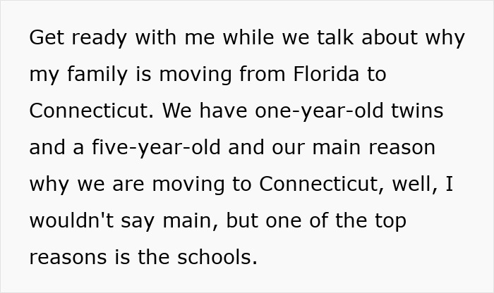 Mom discusses moving to Connecticut for better schools, mentions having three young children. Mom discusses moving to Connecticut for better schools, mentions having three young children.