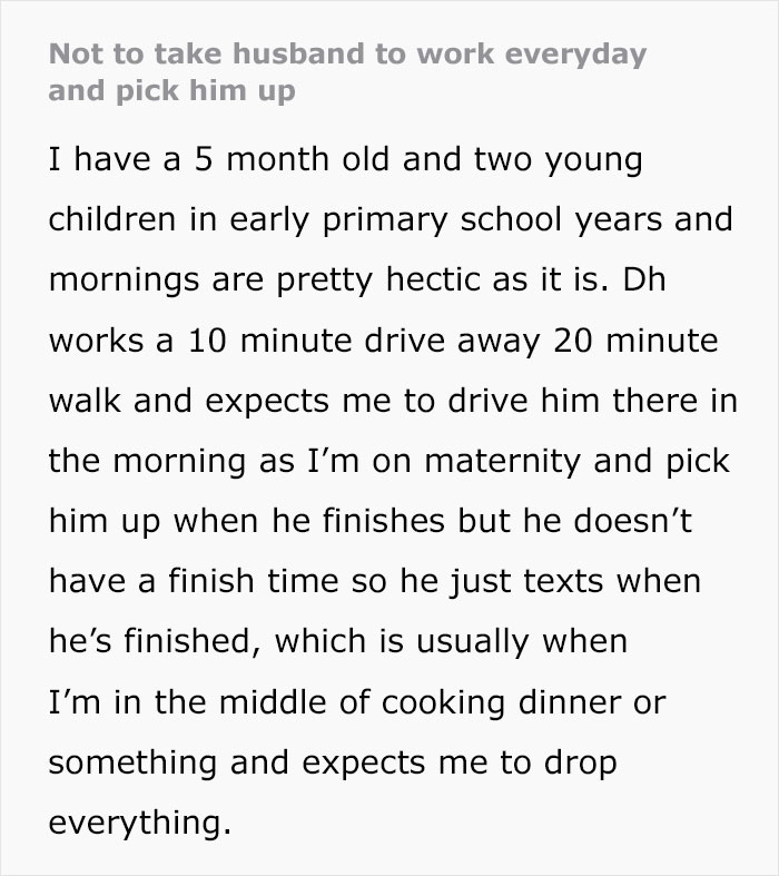 Text detailing husband's demand for work pickups amidst busy family life. Text detailing husband's demand for work pickups amidst busy family life.
