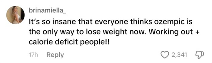 Social media comment discusses Ozempic and weight loss alongside workouts and calorie deficit, highlighting misconceptions. Social media comment discusses Ozempic and weight loss alongside workouts and calorie deficit, highlighting misconceptions.