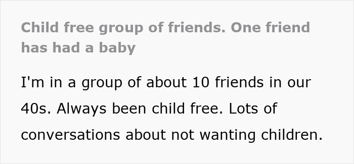 Childfree friend group text discussing baby drama and life choices in their 40s. Childfree friend group text discussing baby drama and life choices in their 40s.