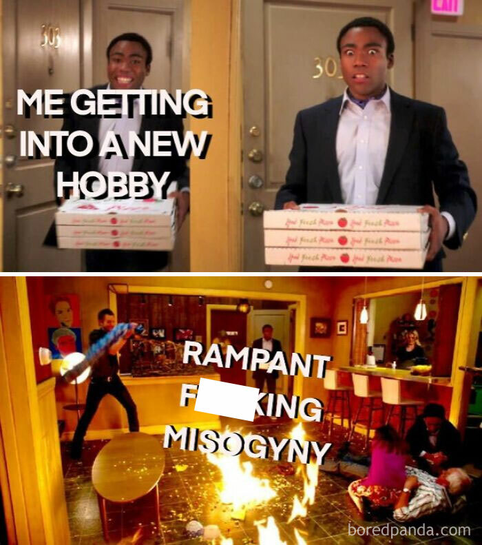 Man enters with pizzas, encounters chaos labeled as rampant misogyny, in humorous depiction from online community against sexism.